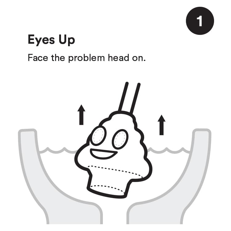 Step 1: place the PooPlunger in the bowl with the cup facing the clog; arrows suggest an upward, ready position.
