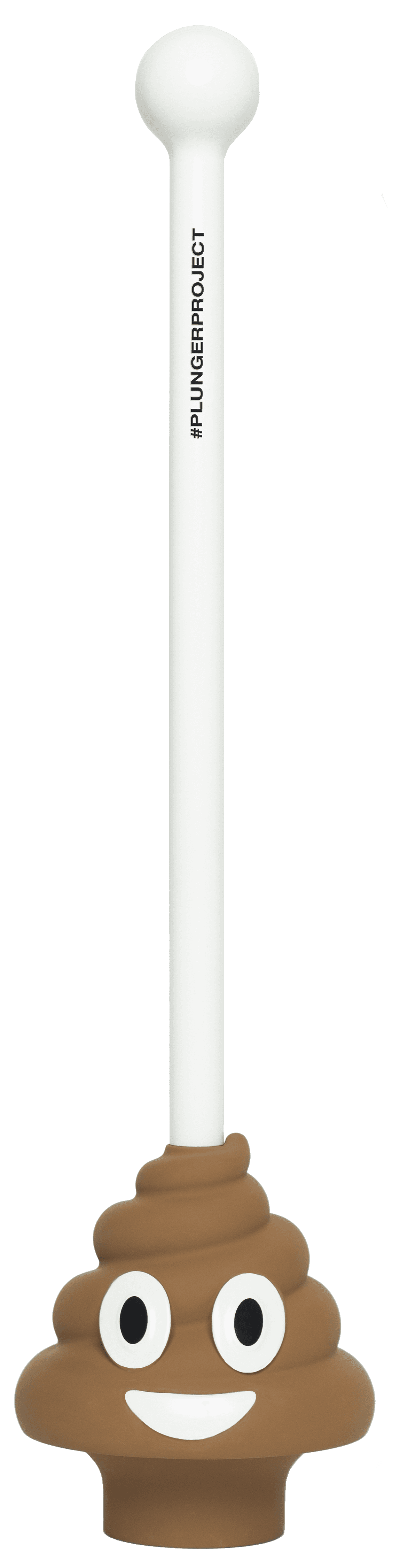 The PooPlunger: white handle and molded brown plunger cup shaped like a smiling pile of poo emoji, on a transparent background